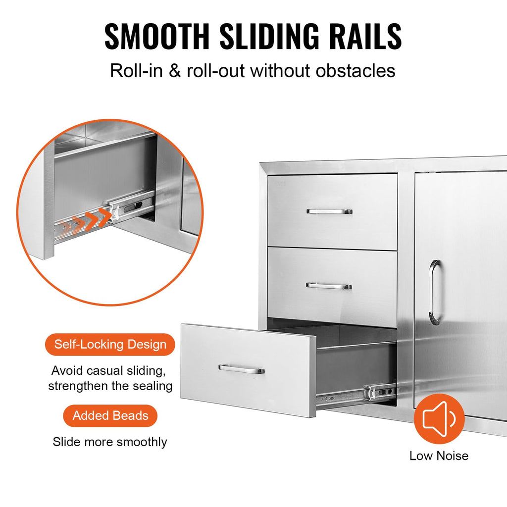 VEVOR Outdoor Kitchen Drawers 38.1"W x 22.6"H x 20.8"D Stainless Steel Triple Drawer with Side Access Door
