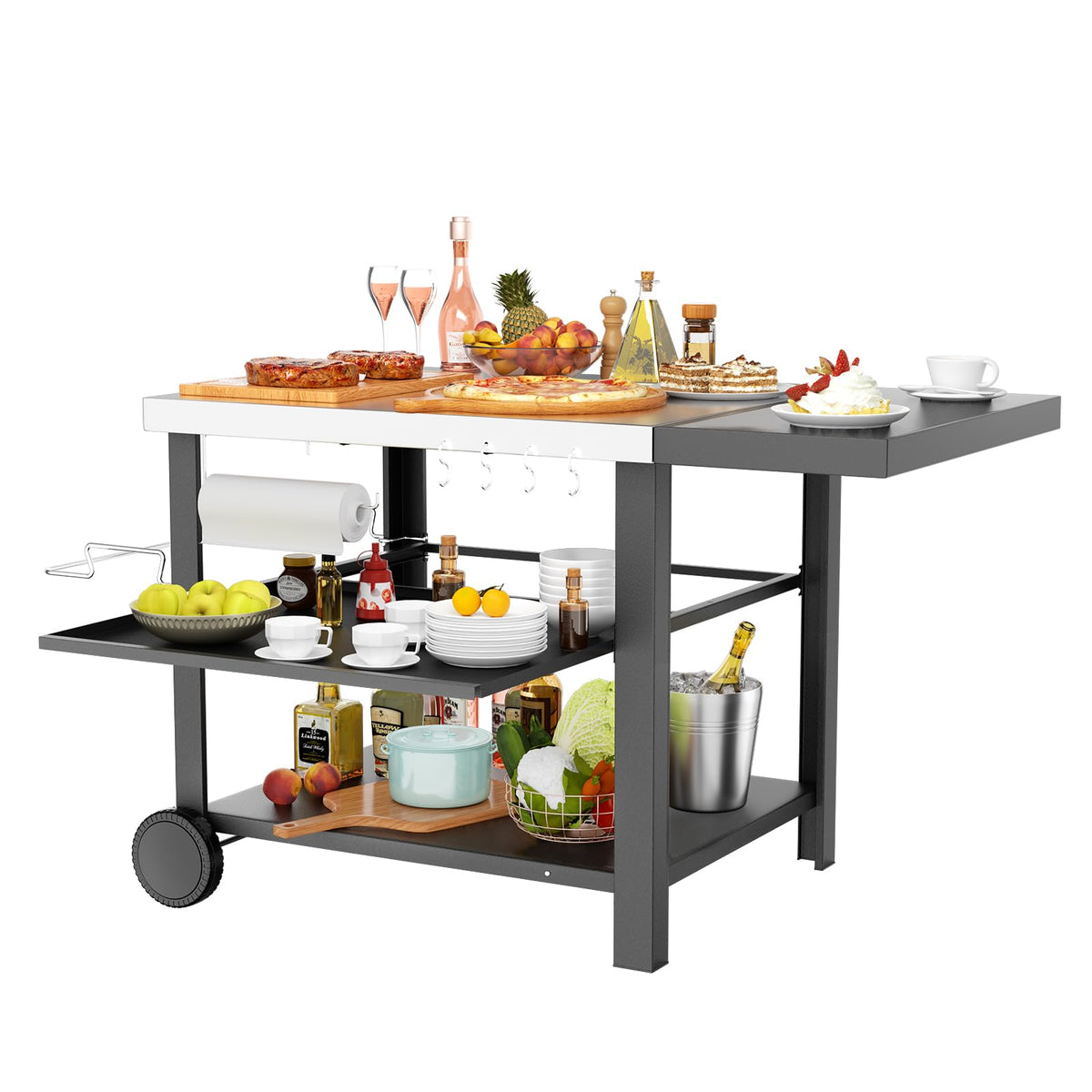 BBQMall Outdoor Kitchen Island Cart with Side Table, Multi-Use Grill Station for Griddles & Pizza Ovens