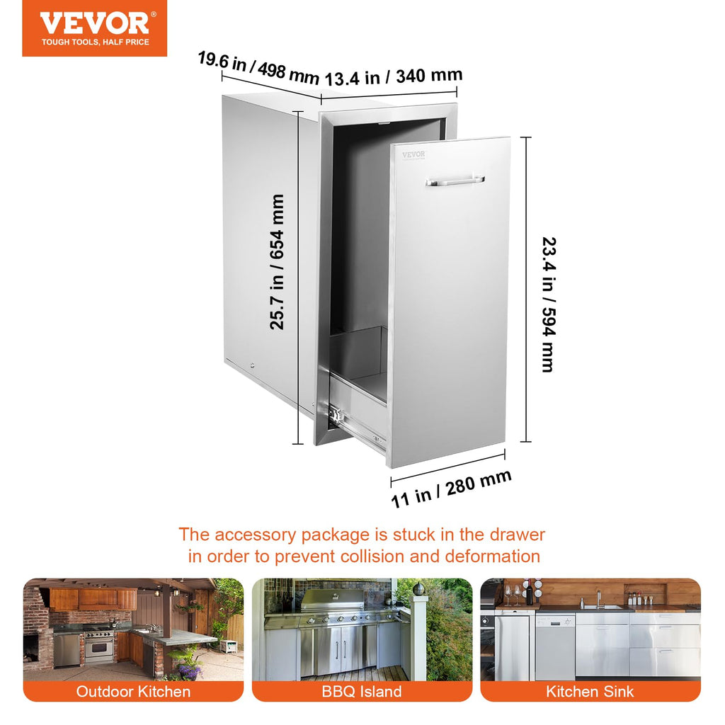VEVOR Outdoor Kitchen Drawer 13.4"W x 25.7"H x 19.6"D Stainless Steel Pull-Out Trash Storage for BBQ Islands