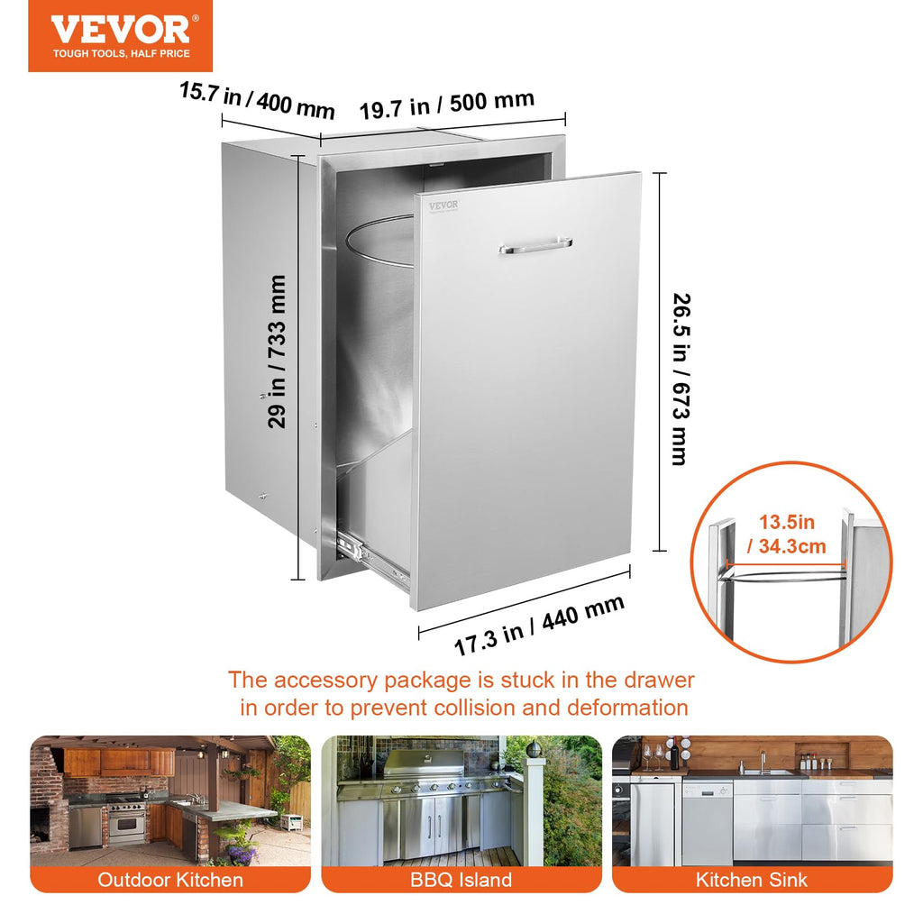 VEVOR Outdoor Kitchen Drawer 19.7"W x 29"H x 15.7"D Stainless Steel BBQ Island Pull-Out Storage Organizer