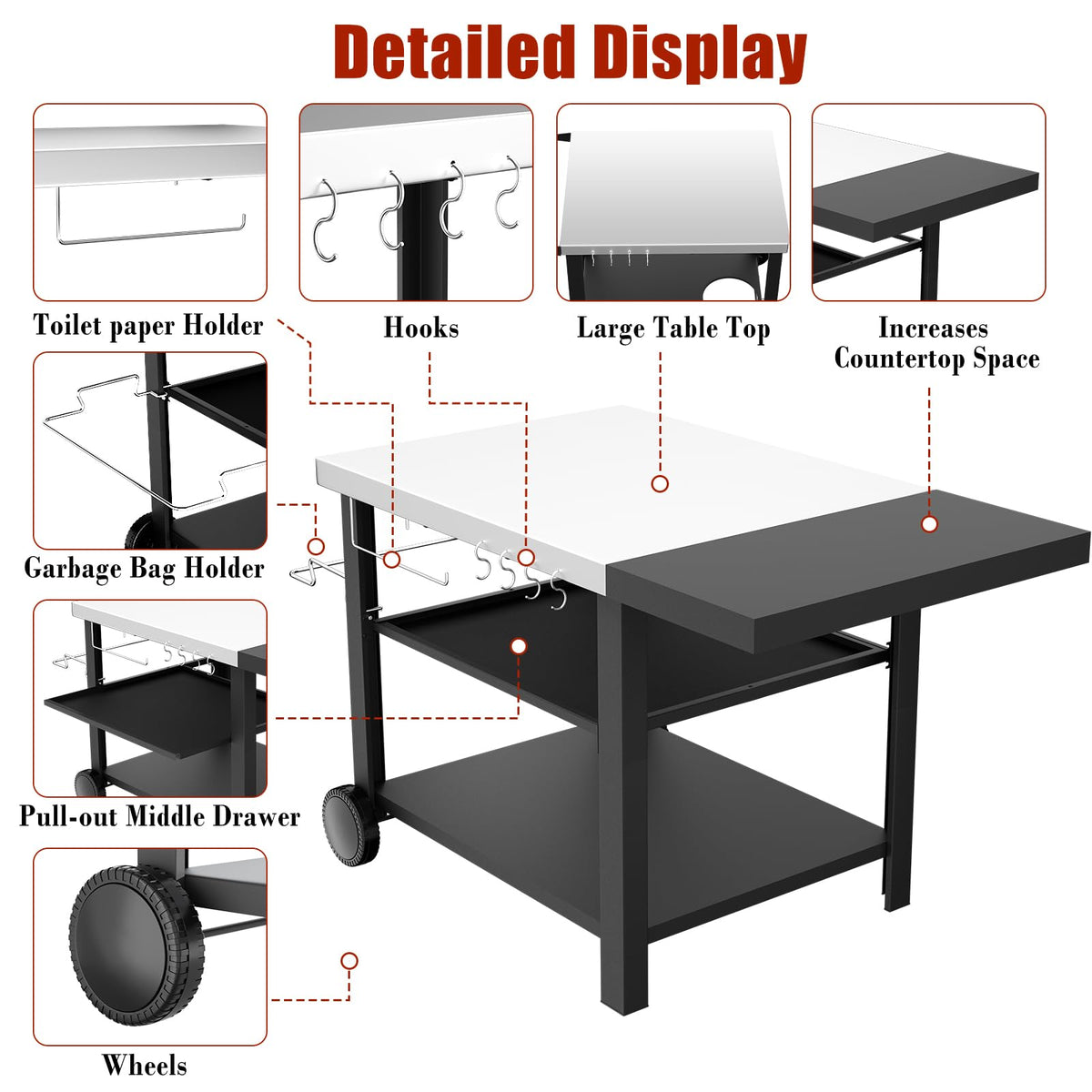 BBQMall Outdoor Kitchen Island Cart with Side Table, Multi-Use Grill Station for Griddles & Pizza Ovens