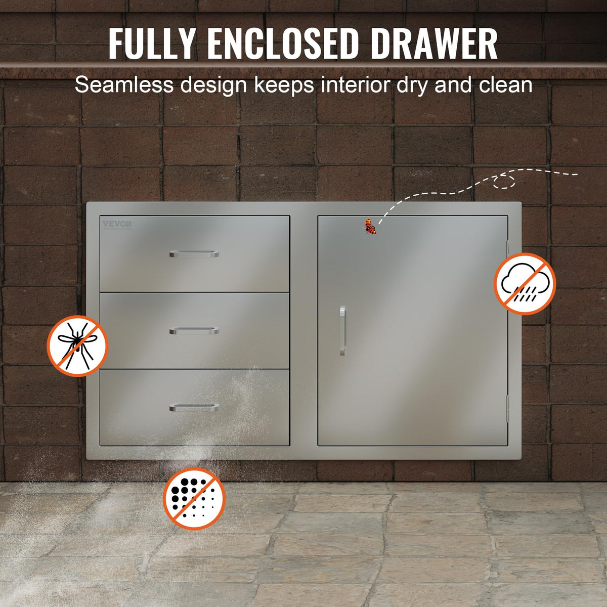 VEVOR Outdoor Kitchen Drawers 38.1"W x 22.6"H x 20.8"D Stainless Steel Triple Drawer with Side Access Door
