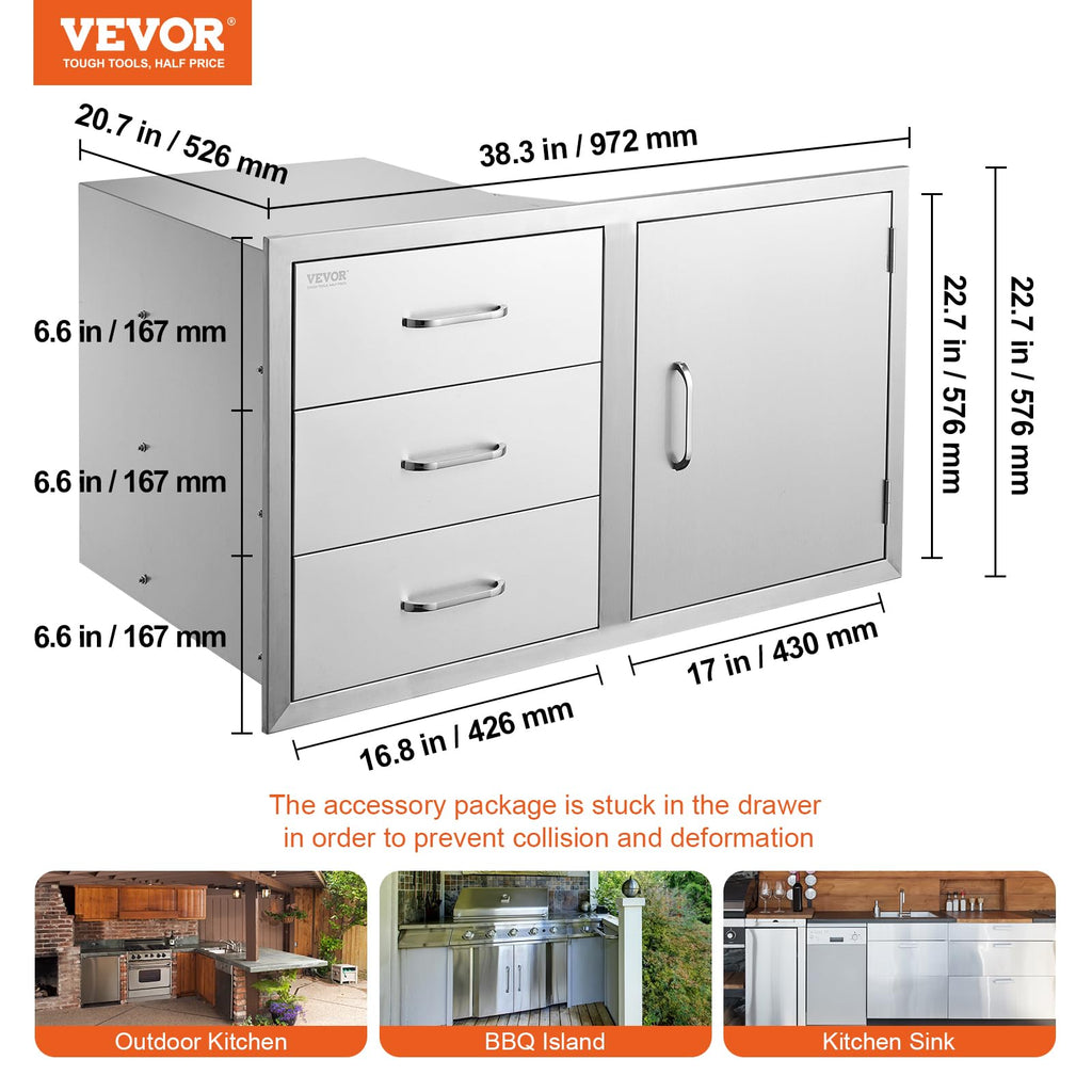 VEVOR Outdoor Kitchen Drawers 38.1"W x 22.6"H x 20.8"D Stainless Steel Triple Drawer with Side Access Door