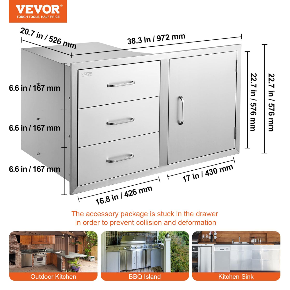 VEVOR Outdoor Kitchen Drawers 38.1"W x 22.6"H x 20.8"D Stainless Steel Triple Drawer with Side Access Door