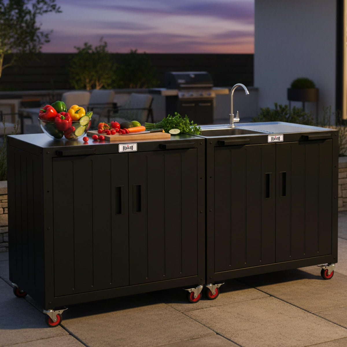 Feasto Modular Outdoor Kitchen Island with Stainless Steel Top, Storage Cabinet & Wheels - Grill Cart & Prep Station