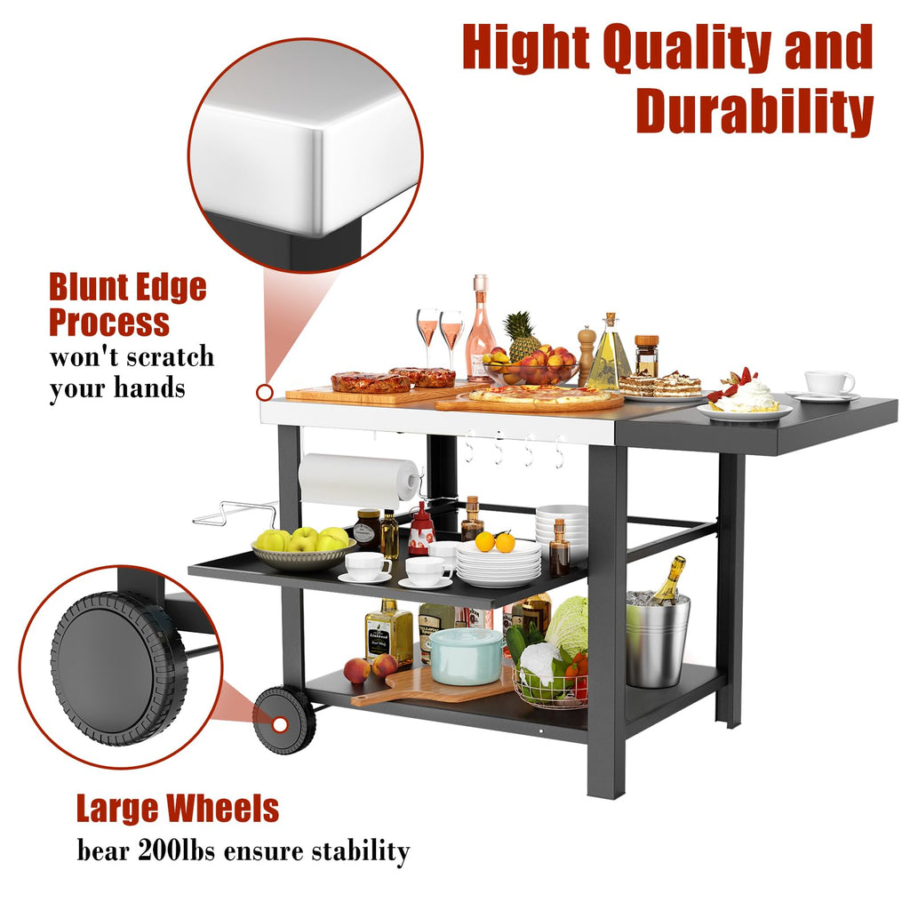 BBQMall Outdoor Kitchen Island Cart with Side Table, Multi-Use Grill Station for Griddles & Pizza Ovens