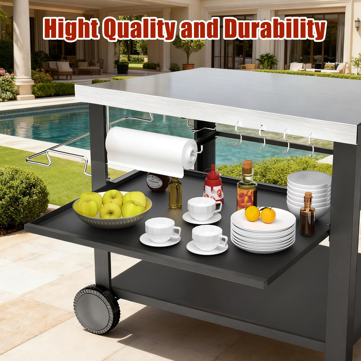 BBQMall Outdoor Kitchen Island Cart with Side Table, Multi-Use Grill Station for Griddles & Pizza Ovens