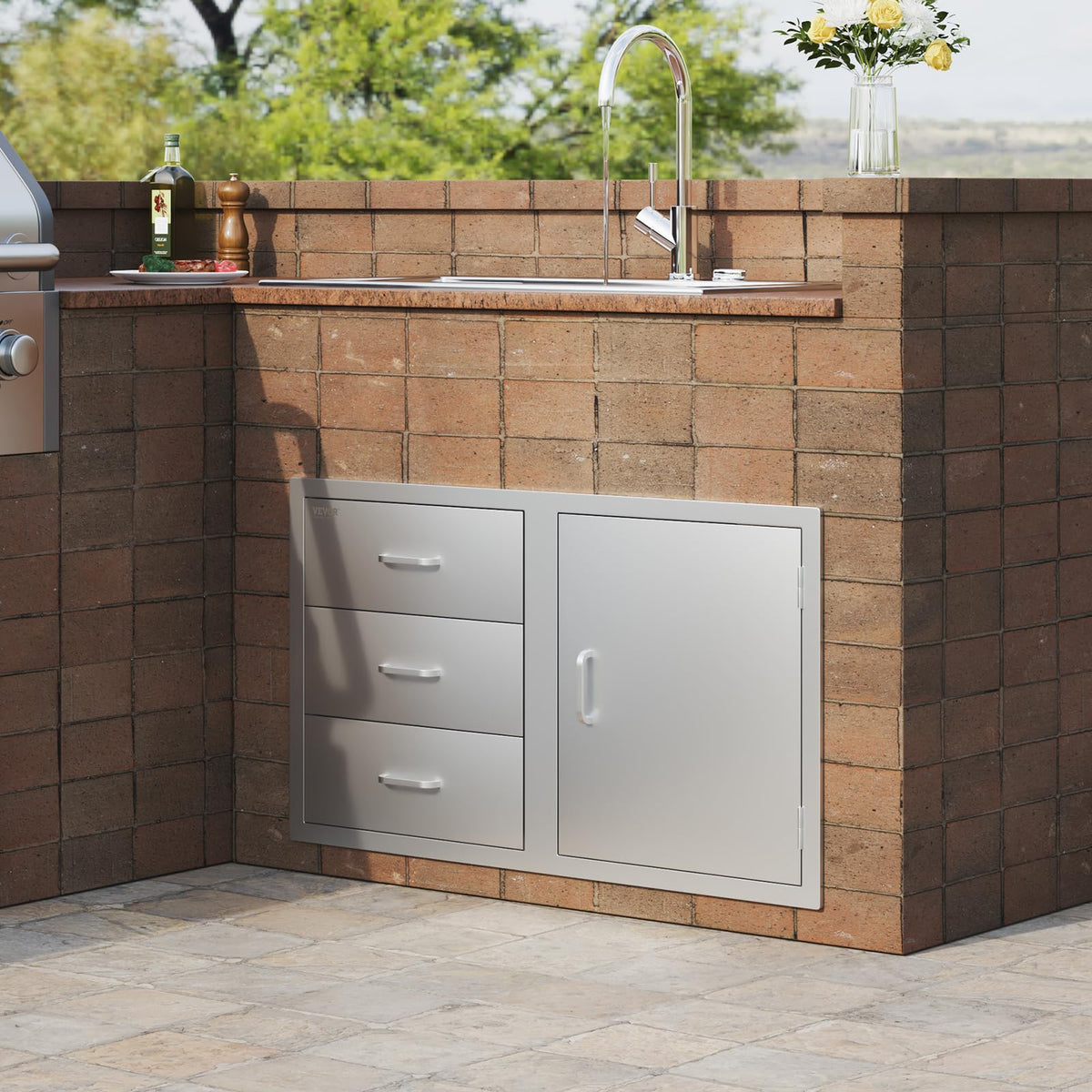 VEVOR Outdoor Kitchen Drawers 38.1"W x 22.6"H x 20.8"D Stainless Steel Triple Drawer with Side Access Door