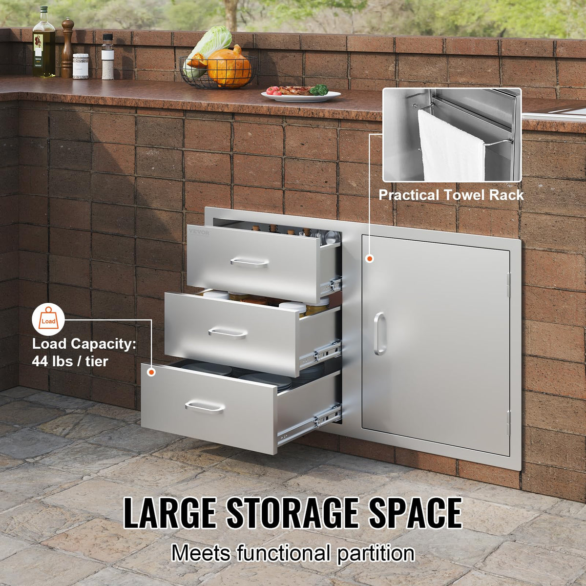 VEVOR Outdoor Kitchen Drawers 38.1"W x 22.6"H x 20.8"D Stainless Steel Triple Drawer with Side Access Door