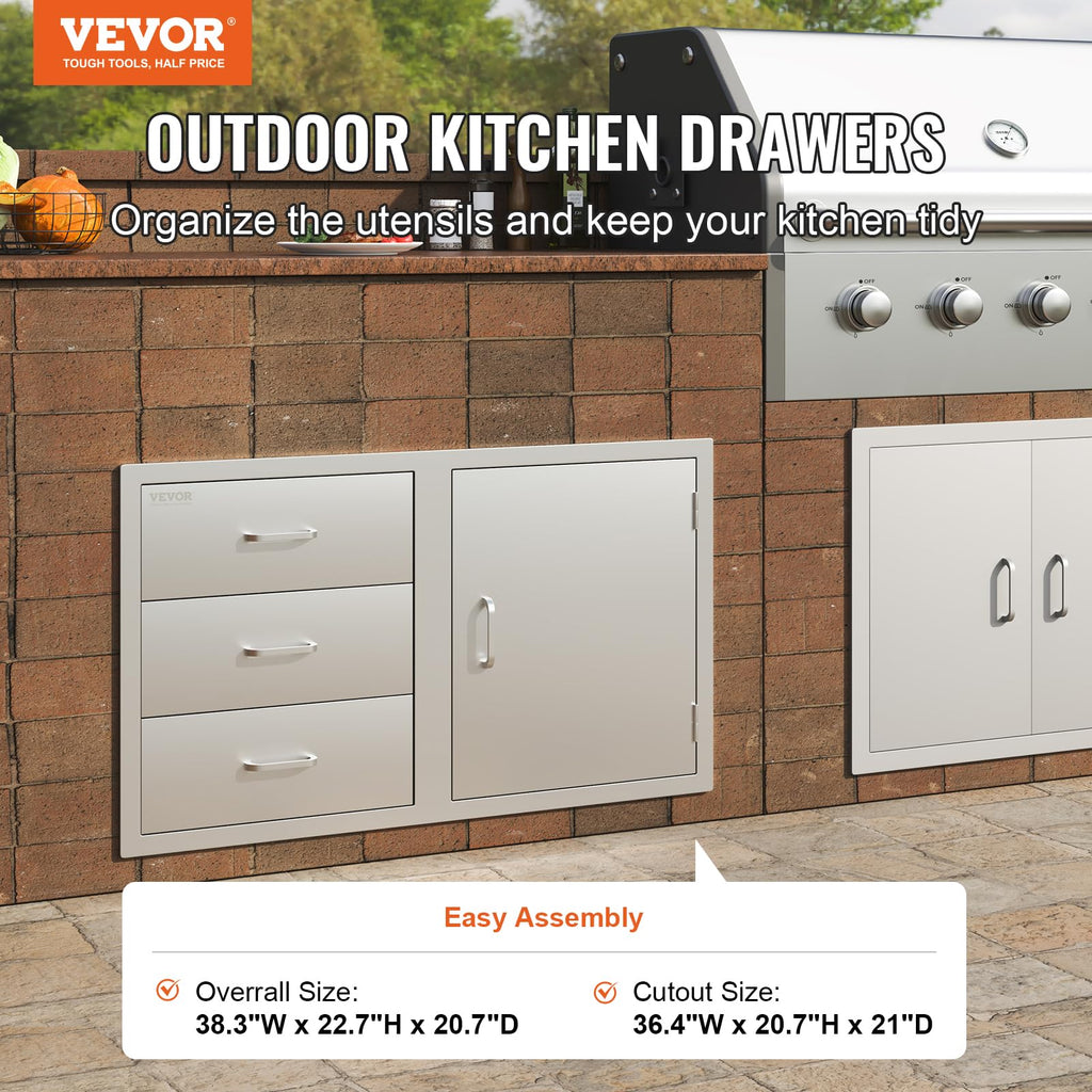 VEVOR Outdoor Kitchen Drawers 38.1"W x 22.6"H x 20.8"D Stainless Steel Triple Drawer with Side Access Door