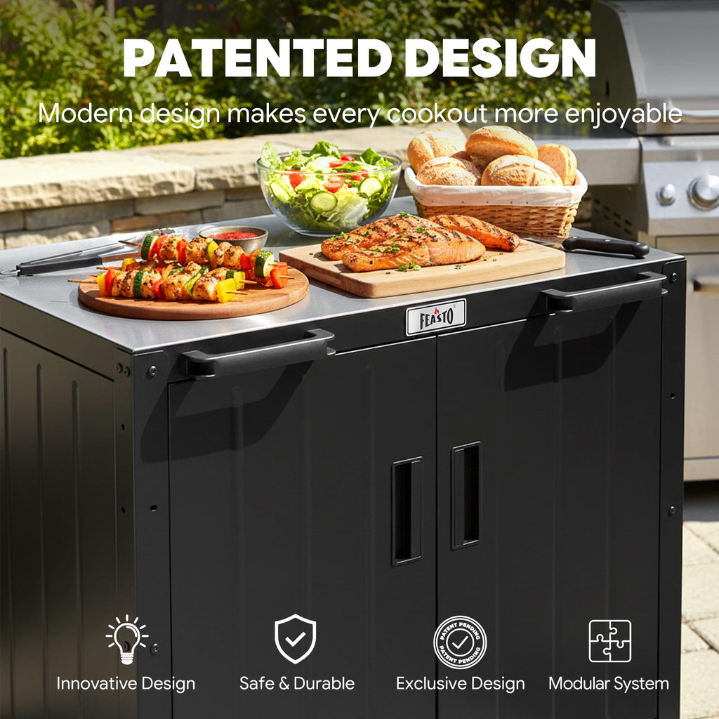 Feasto Modular Outdoor Kitchen Island with Stainless Steel Top, Storage Cabinet & Wheels - Grill Cart & Prep Station