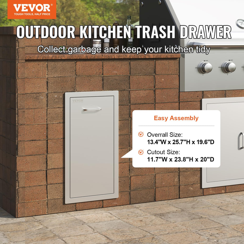 VEVOR Outdoor Kitchen Drawer 13.4"W x 25.7"H x 19.6"D Stainless Steel Pull-Out Trash Storage for BBQ Islands
