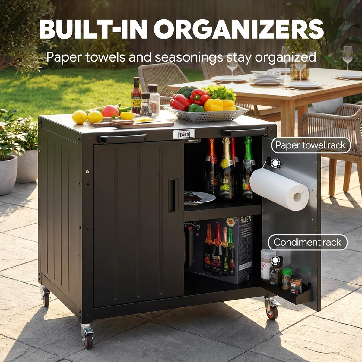 Feasto Modular Outdoor Kitchen Island with Stainless Steel Top, Storage Cabinet & Wheels - Grill Cart & Prep Station