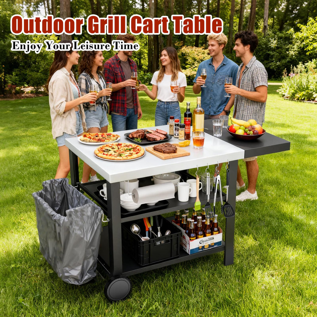 BBQMall Outdoor Kitchen Island Cart with Side Table, Multi-Use Grill Station for Griddles & Pizza Ovens