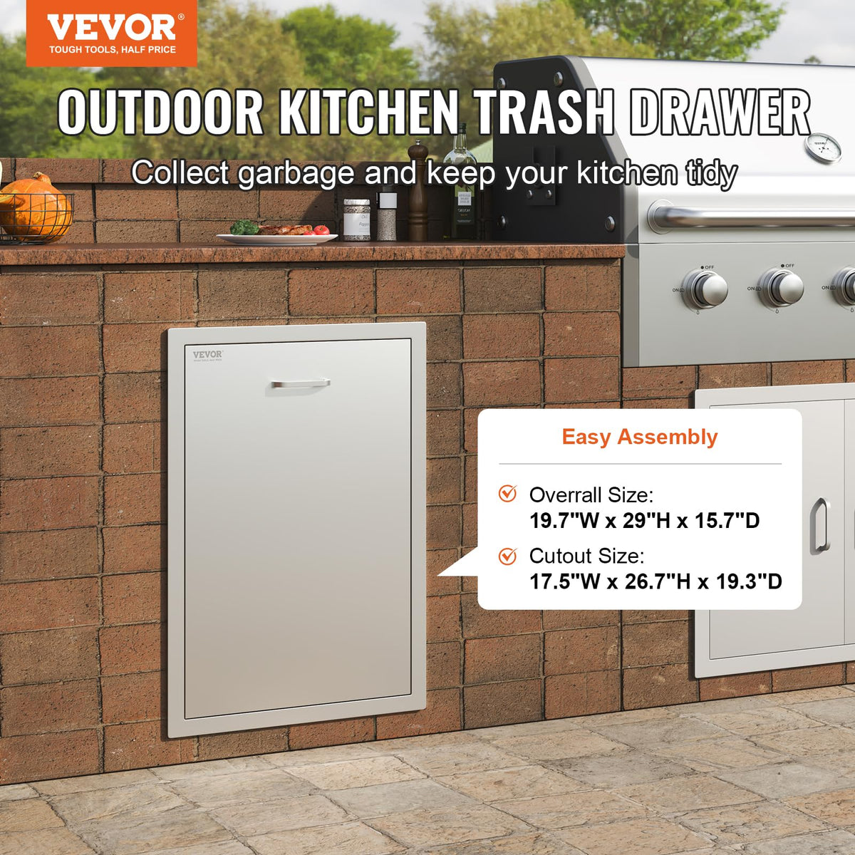 VEVOR Outdoor Kitchen Drawer 19.7"W x 29"H x 15.7"D Stainless Steel BBQ Island Pull-Out Storage Organizer