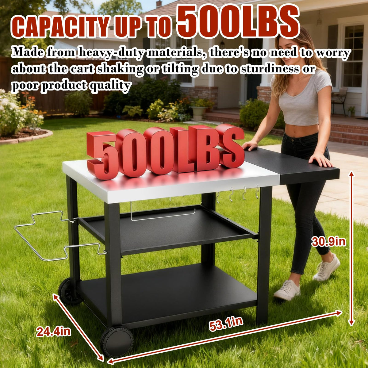 BBQMall Outdoor Kitchen Island Cart with Side Table, Multi-Use Grill Station for Griddles & Pizza Ovens